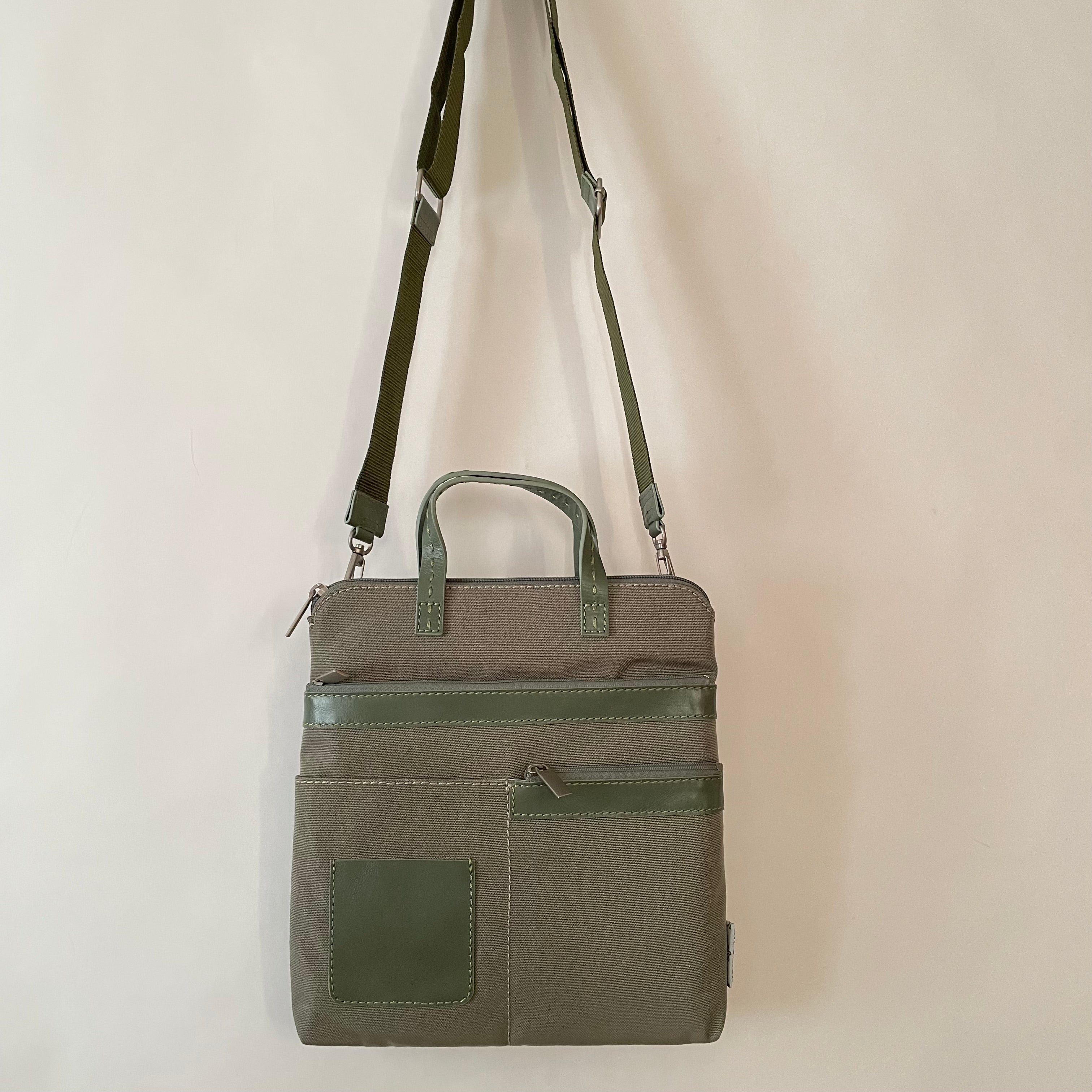 Premium Collection | Small Nylon x Leather Mix Cross-Body Shoulder Bag with Metal Zipper Pulls and Rose Embroidery | Sage